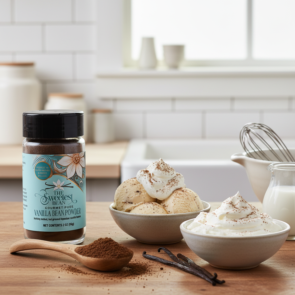 A jar of Vanilla Bean Powder on a counter top.