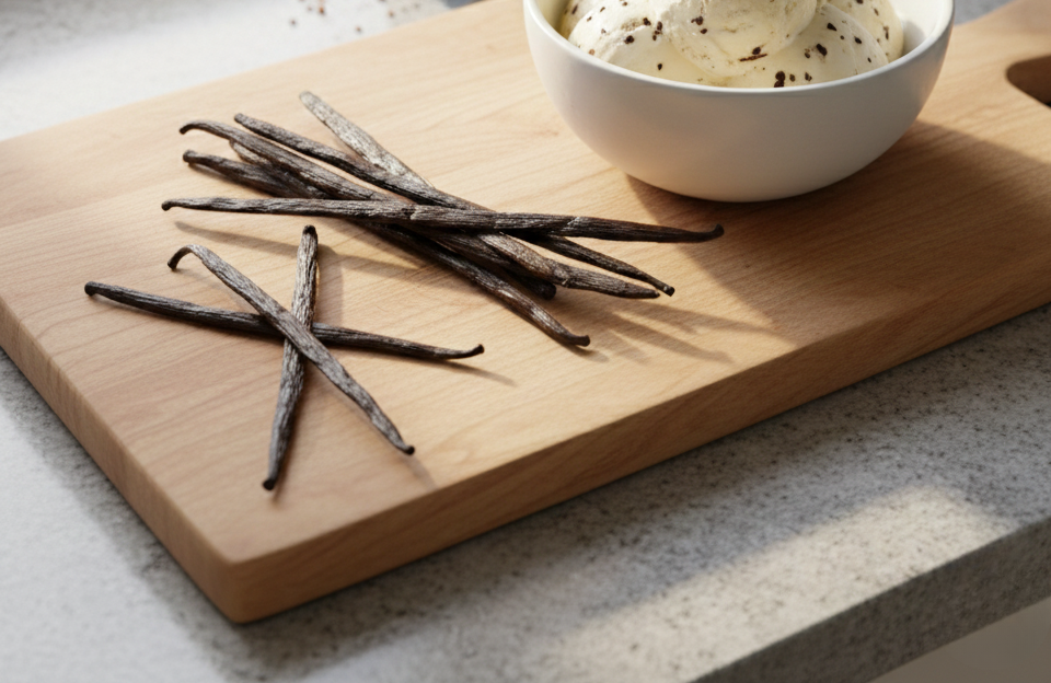 Vanilla Beans on a cutting board.