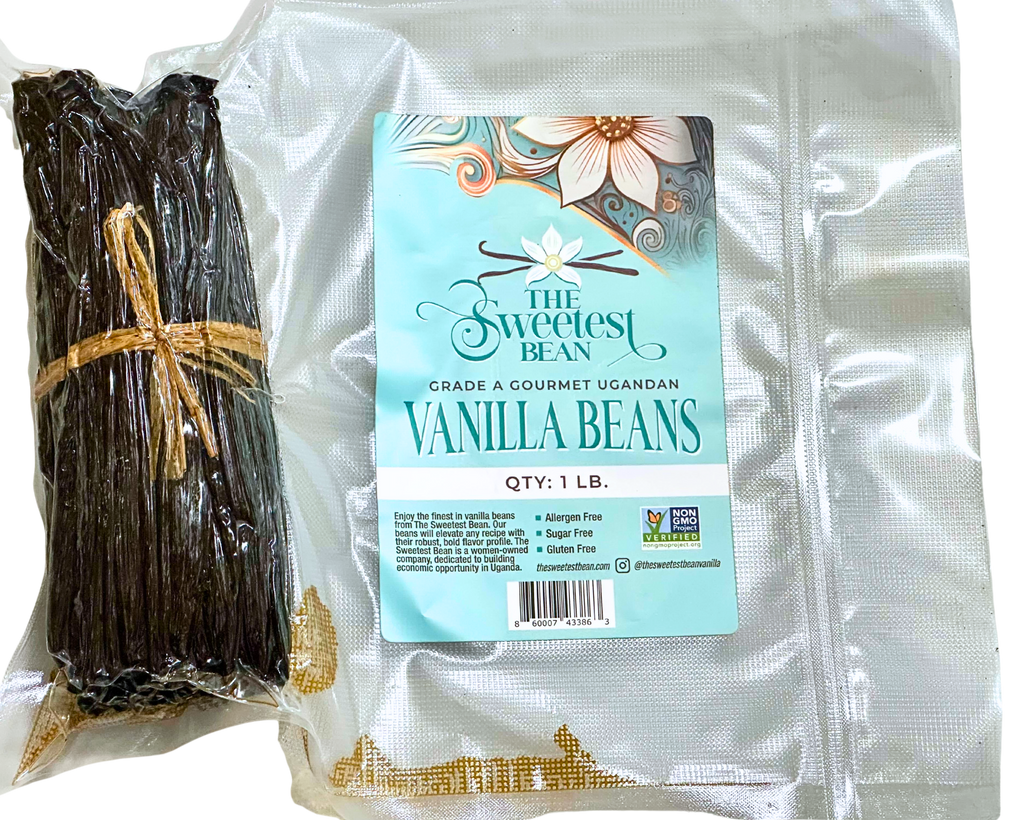 Gourmet Grade-A Ugandan Vanilla Beans package with label, 1 lb. of premium Bourbon vanilla beans.