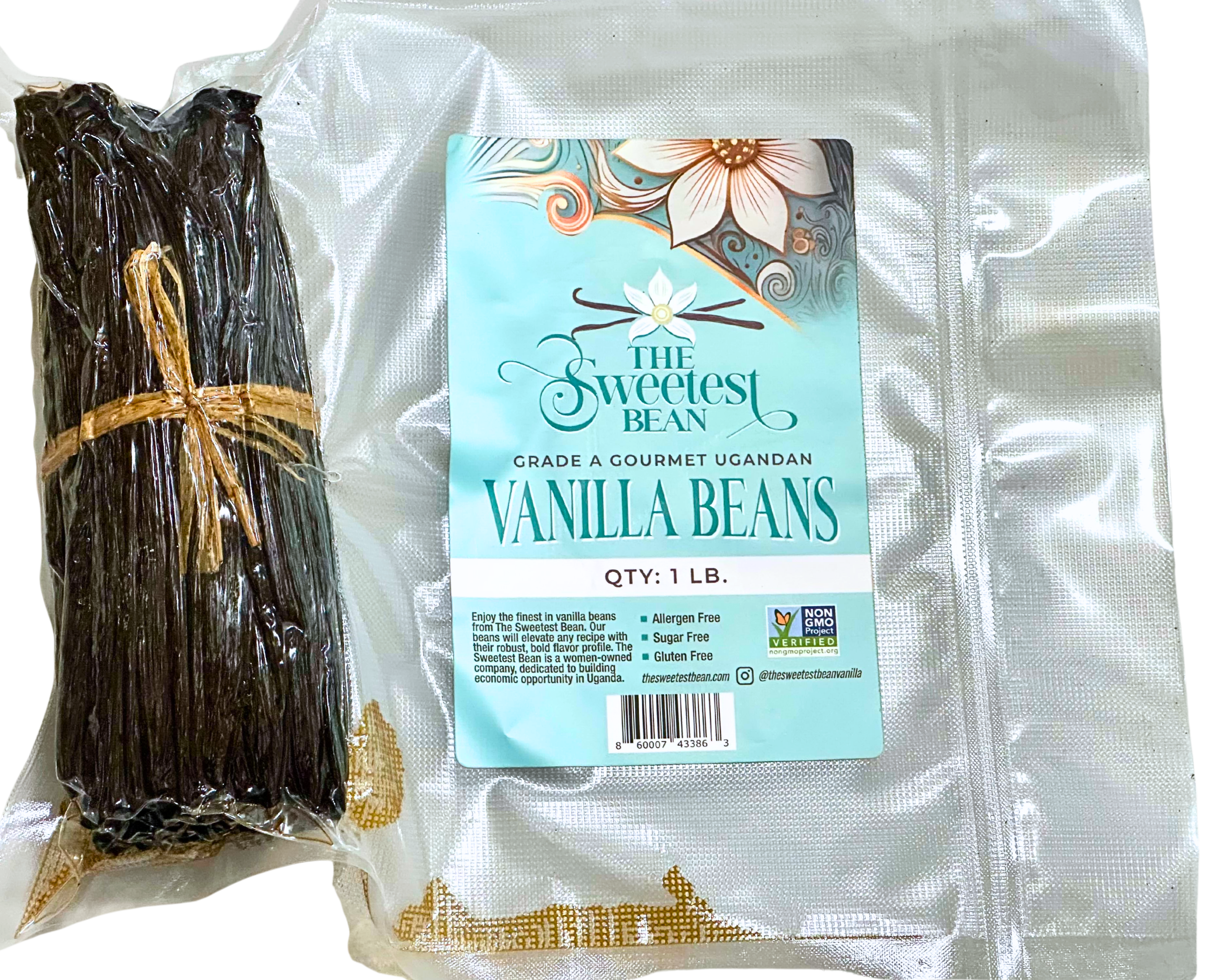 Gourmet Grade-A Ugandan Vanilla Beans package with label, 1 lb. of premium Bourbon vanilla beans.