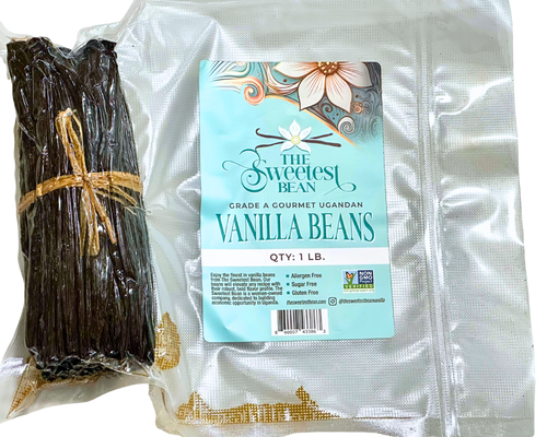 Gourmet Grade-A Ugandan Vanilla Beans package with label, 1 lb. of premium Bourbon vanilla beans.